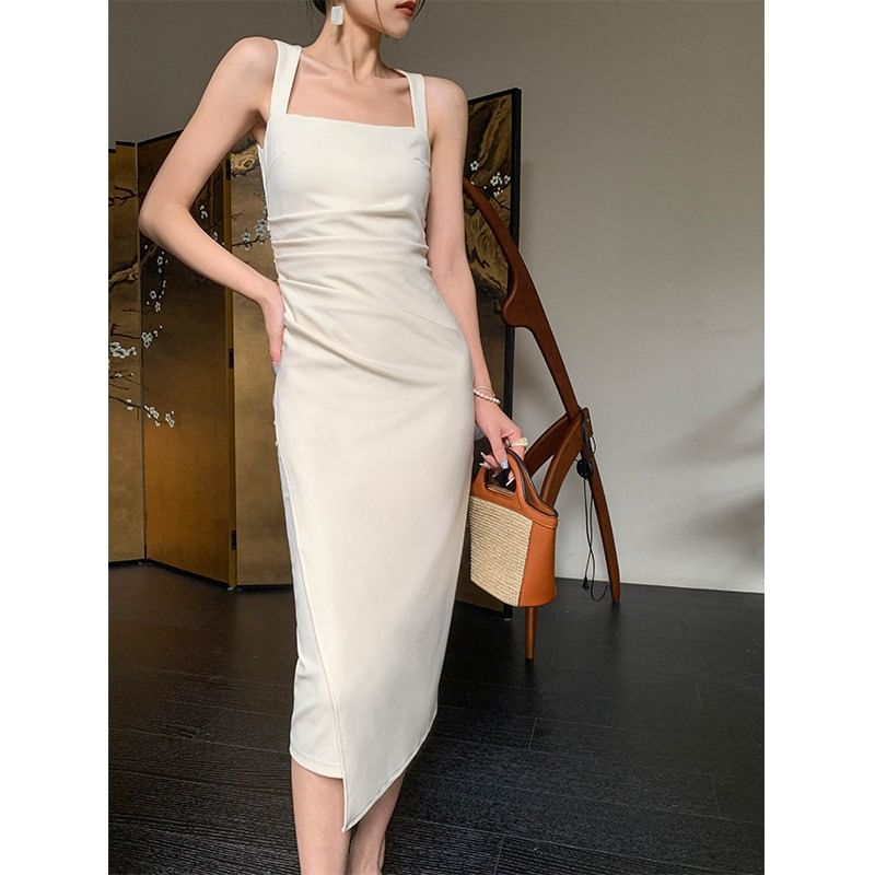 Neck Ruched Midi Sleeveless Plain Sheath Dress Square