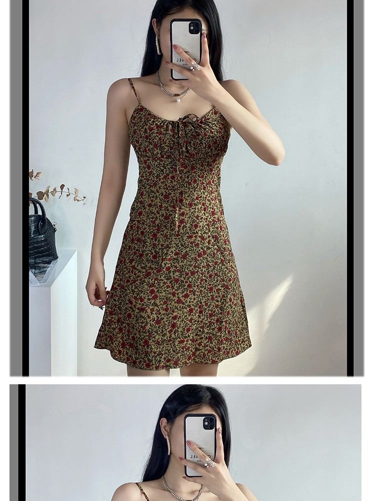 Dress A-Line Front Floral Print Mini Spaghetti Tie Strap