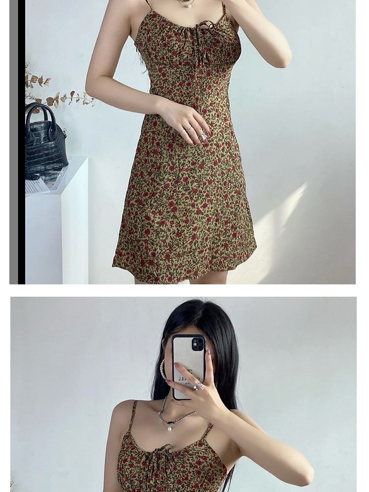 A-Line Floral Front Strap Spaghetti Tie Dress Mini Print