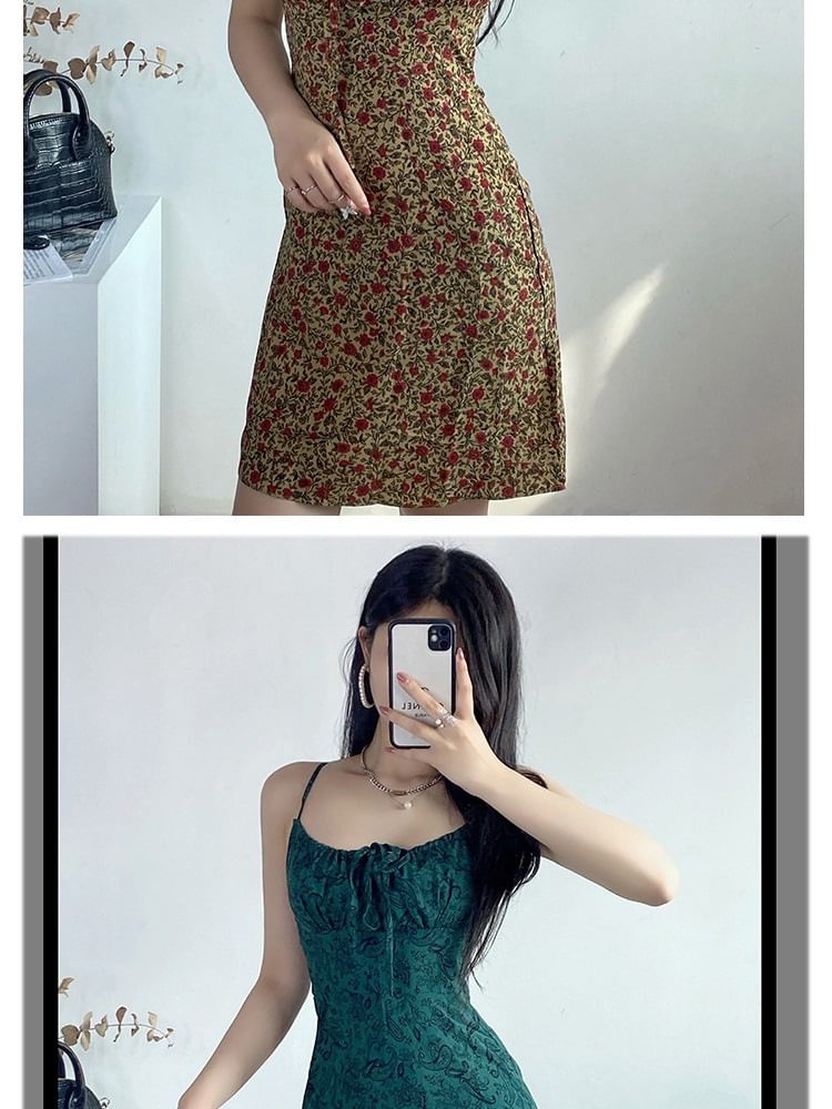 Dress A-Line Front Floral Print Mini Spaghetti Tie Strap