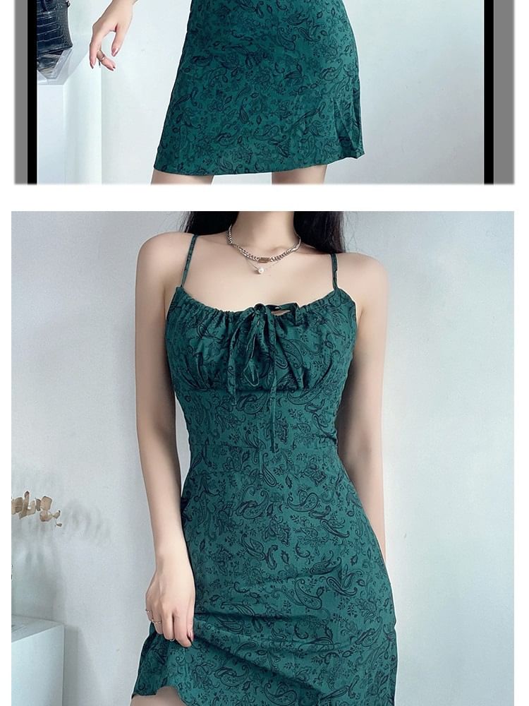 Dress A-Line Front Floral Print Mini Spaghetti Tie Strap