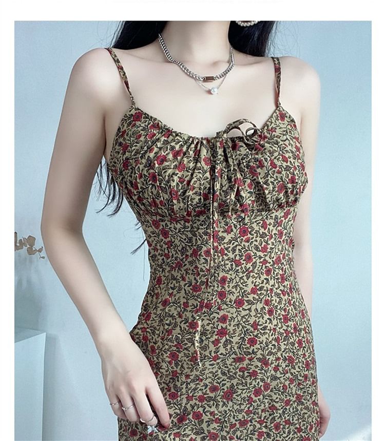 A-Line Floral Front Strap Spaghetti Tie Dress Mini Print