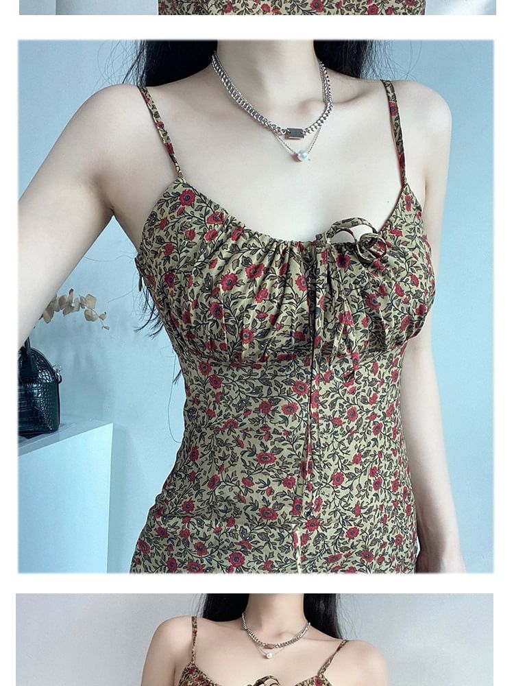 Dress A-Line Front Floral Print Mini Spaghetti Tie Strap