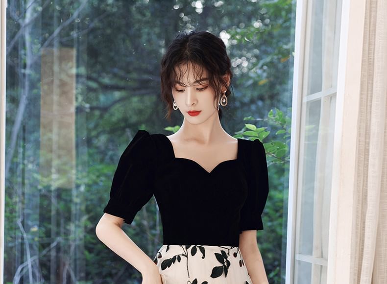 / Floral Gown Sweetheart A-Line Evening Panel Neckline Cocktail Embroidered Dress Short-Sleeve