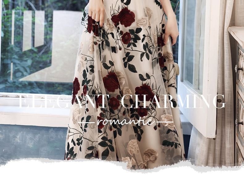 / Floral Gown Sweetheart A-Line Evening Panel Neckline Cocktail Embroidered Dress Short-Sleeve