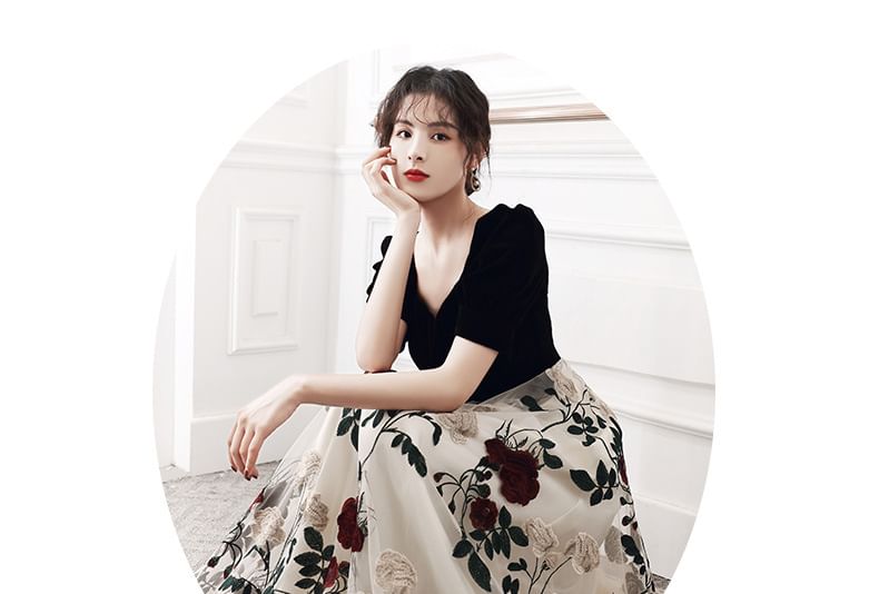 / Floral Gown Sweetheart A-Line Evening Panel Neckline Cocktail Embroidered Dress Short-Sleeve