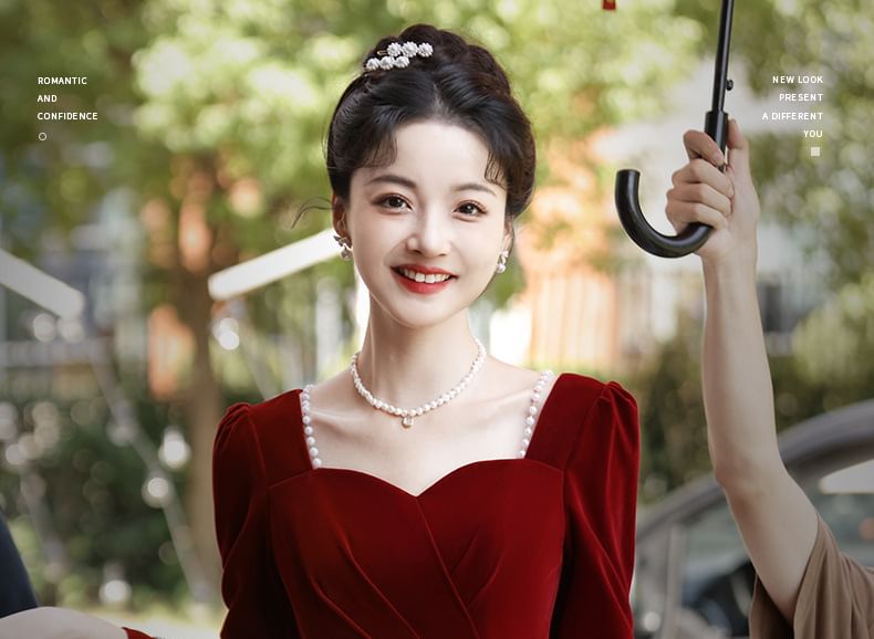 Panel Cocktail Jacquard Gown Evening A-Line Neck Long-Sleeve Velvet Dress Square /