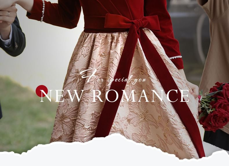 Panel Cocktail Jacquard Gown Evening A-Line Neck Long-Sleeve Velvet Dress Square /