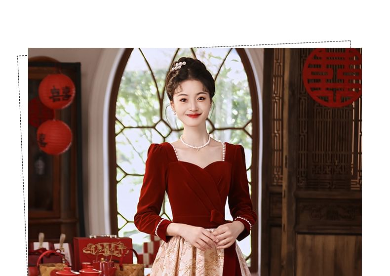 Panel Cocktail Jacquard Gown Evening A-Line Neck Long-Sleeve Velvet Dress Square /