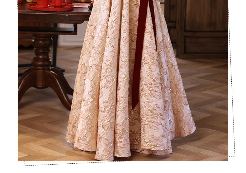 Panel Cocktail Jacquard Gown Evening A-Line Neck Long-Sleeve Velvet Dress Square /