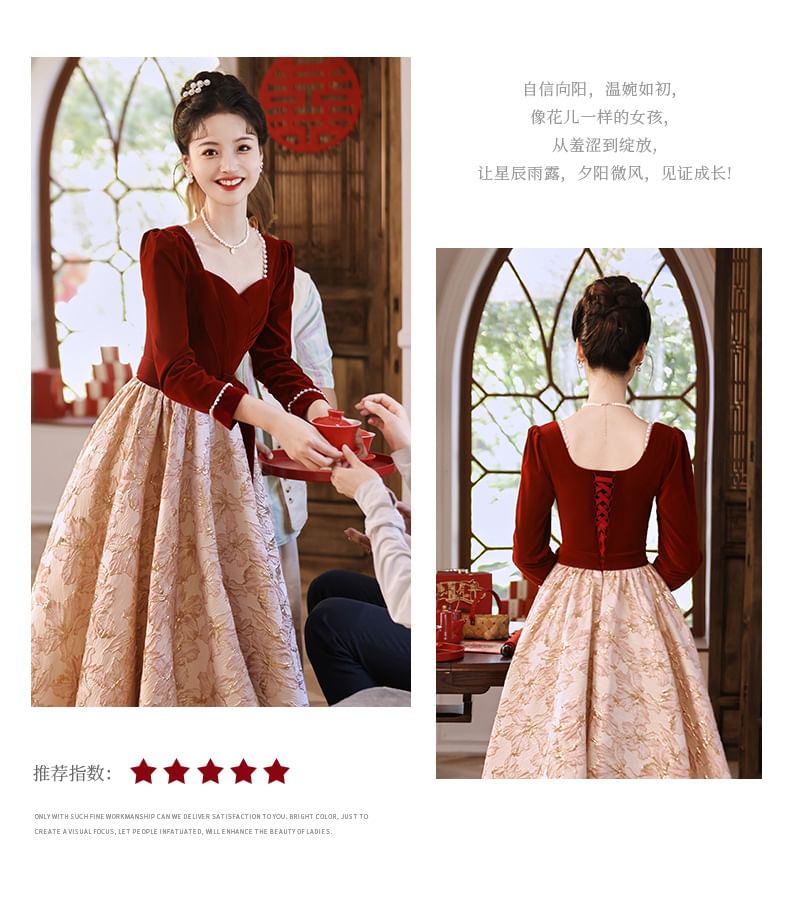 Panel Cocktail Jacquard Gown Evening A-Line Neck Long-Sleeve Velvet Dress Square /