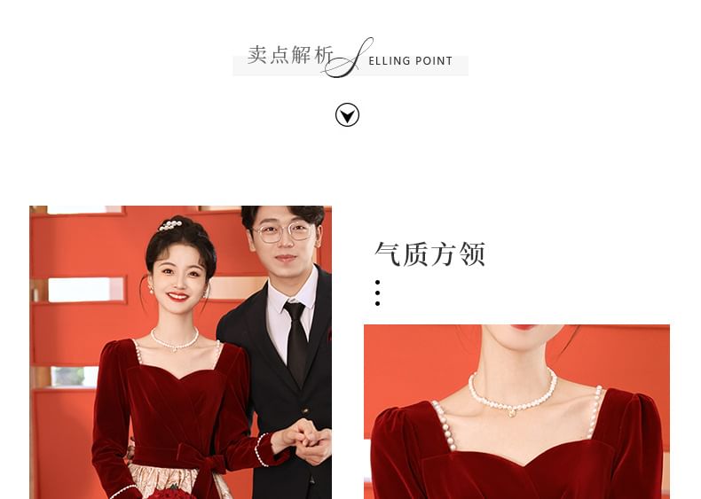 Panel Cocktail Jacquard Gown Evening A-Line Neck Long-Sleeve Velvet Dress Square /