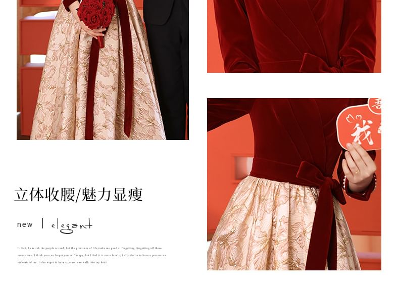 Panel Cocktail Jacquard Gown Evening A-Line Neck Long-Sleeve Velvet Dress Square /