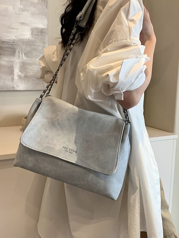 Tote Chain Lettering Flap Faux Bag Leather Strap