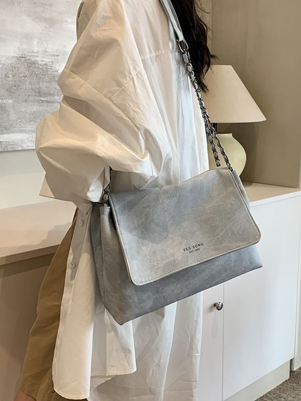 Tote Chain Lettering Flap Faux Bag Leather Strap