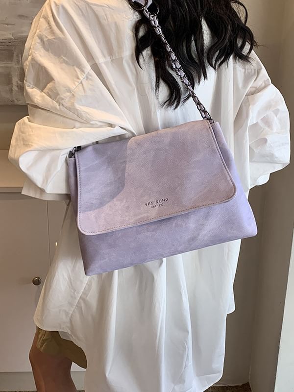 Tote Chain Lettering Flap Faux Bag Leather Strap