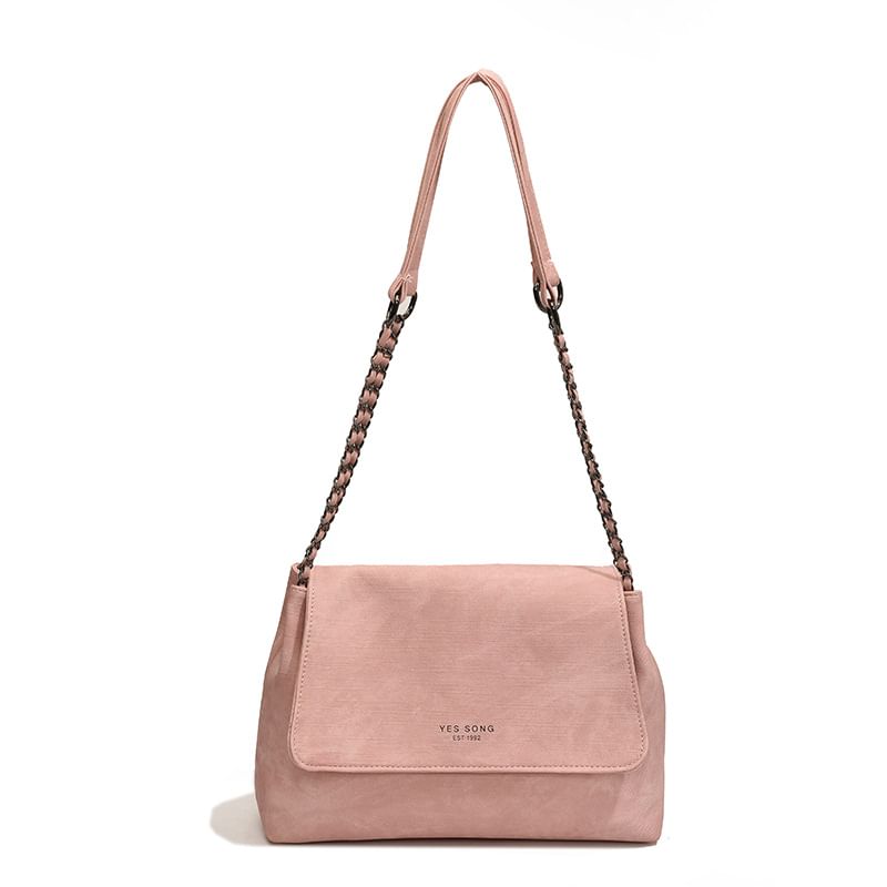 Tote Chain Lettering Flap Faux Bag Leather Strap