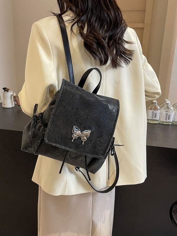 Multi-Pocket Flap Backpack Butterfly Studded