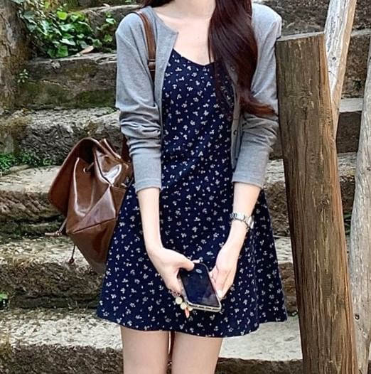 / Dress Spaghetti A-Line Crop Cardigan Floral Melange Strap Mini