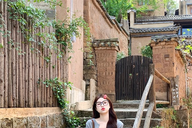 / Dress Spaghetti A-Line Crop Cardigan Floral Melange Strap Mini