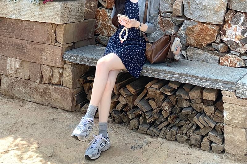 / Dress Spaghetti A-Line Crop Cardigan Floral Melange Strap Mini