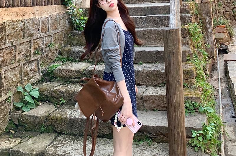 / Dress Spaghetti A-Line Crop Cardigan Floral Melange Strap Mini