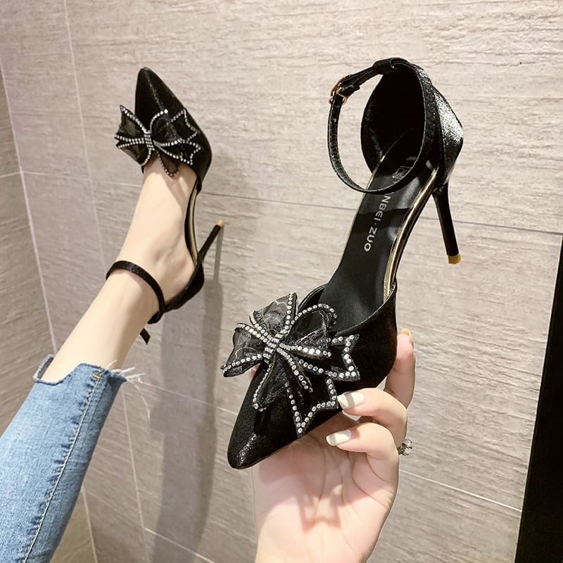 (Various Heel High Accent Bow Pointed Sandals Designs)