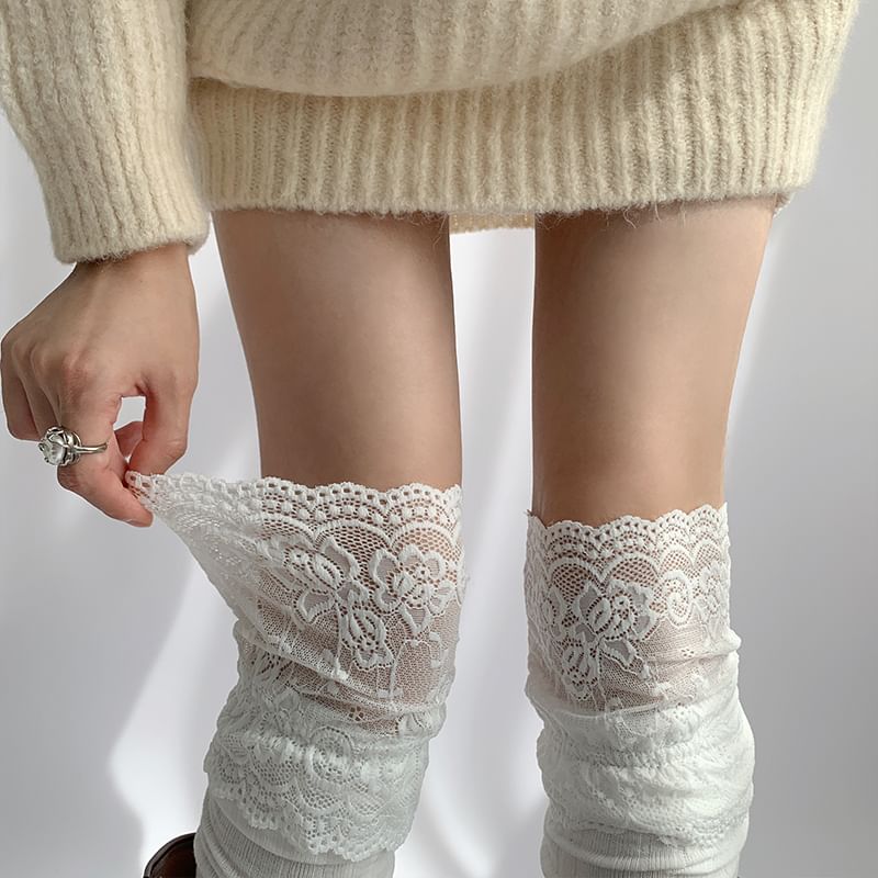 Plain Panel Lace Over The Knee Socks