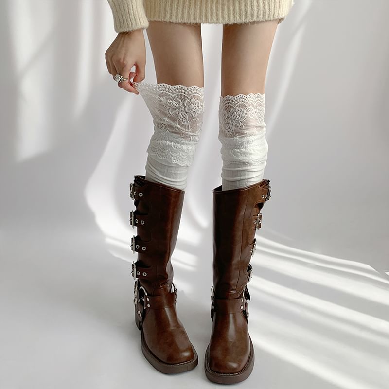 Plain Panel Lace Over The Knee Socks