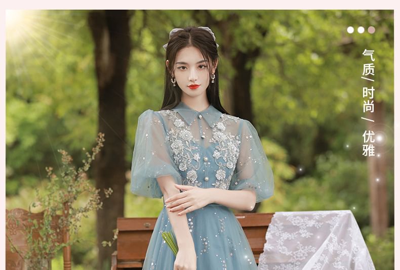 A-Line Gown Evening Sequin Short-Sleeve Collar