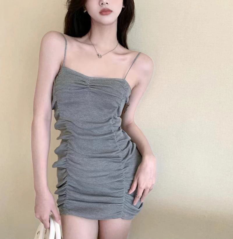 Strap Spaghetti Bodycon Mini Plain Dress