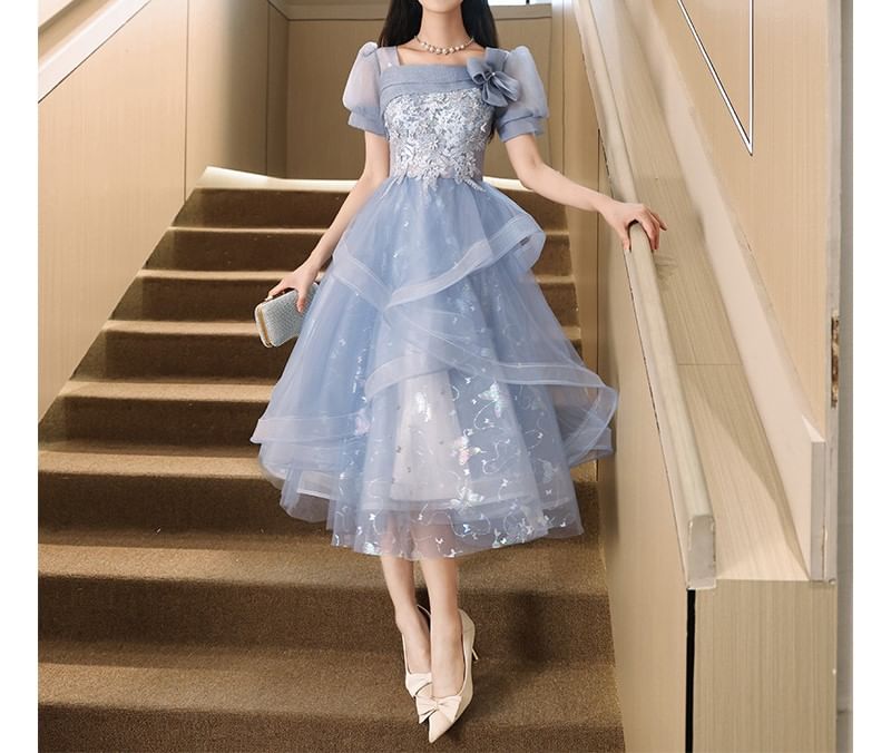Mesh Print A-Line Embroidered Gown Neck Sleeve / Evening Puff Floral Square Butterfly Dress Cocktail