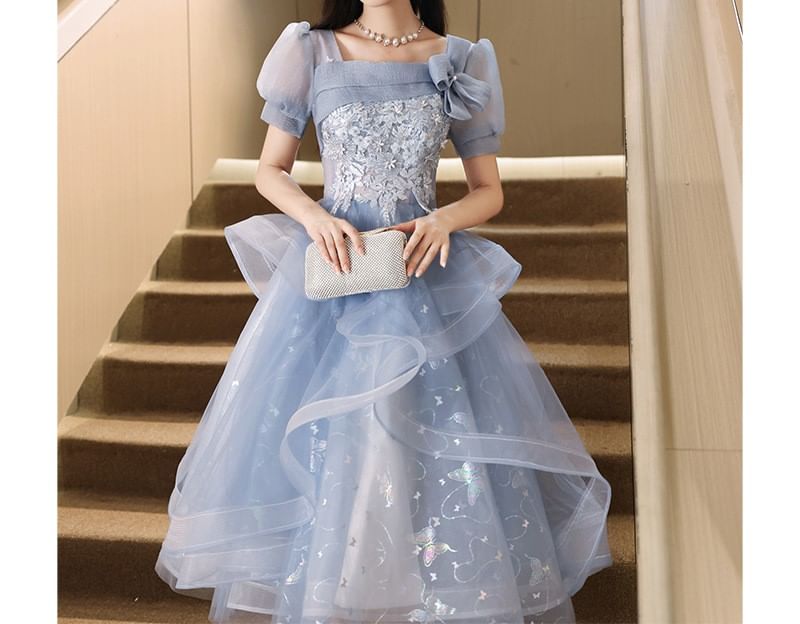 Mesh Print A-Line Embroidered Gown Neck Sleeve / Evening Puff Floral Square Butterfly Dress Cocktail