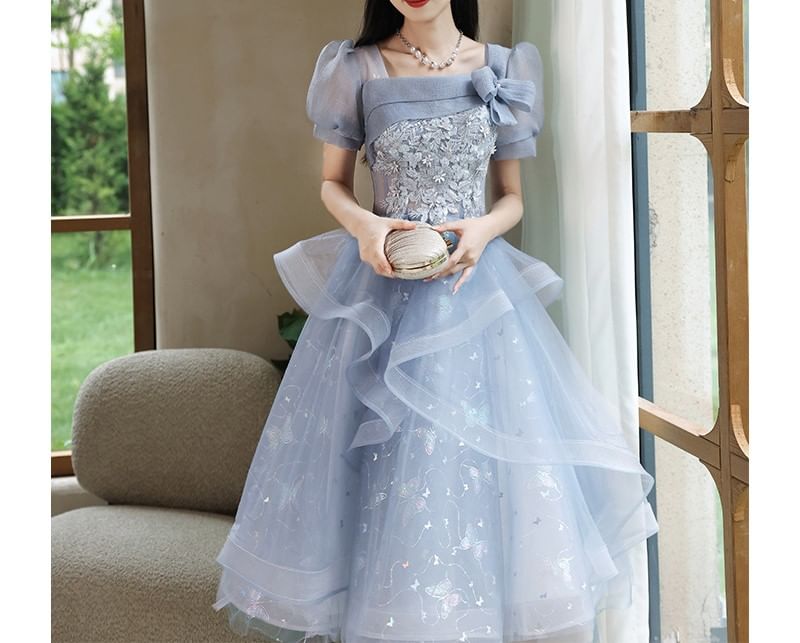 Mesh Print A-Line Embroidered Gown Neck Sleeve / Evening Puff Floral Square Butterfly Dress Cocktail