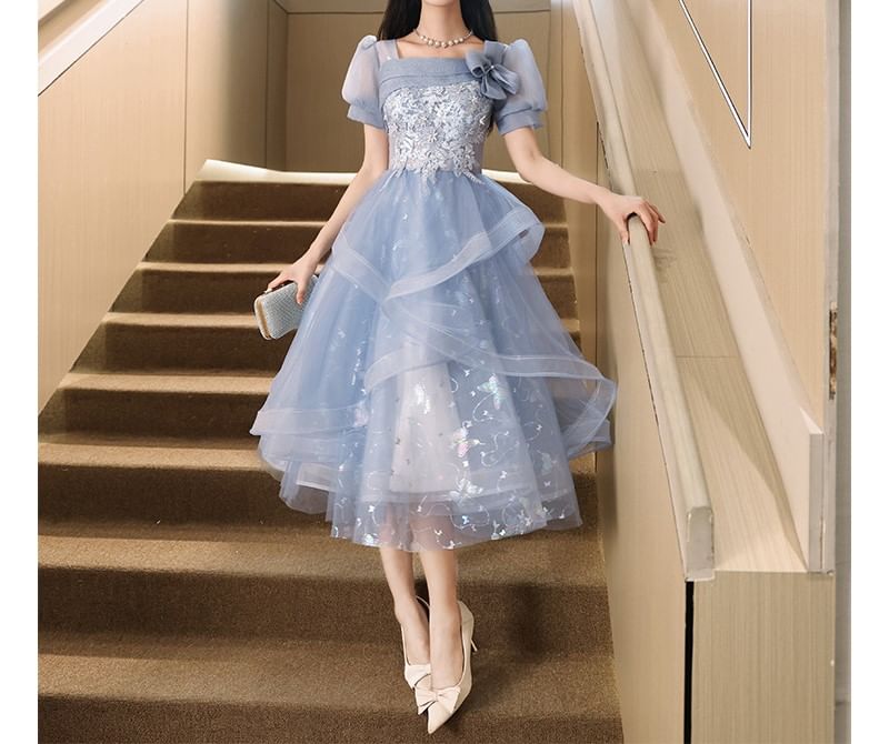 Mesh Print A-Line Embroidered Gown Neck Sleeve / Evening Puff Floral Square Butterfly Dress Cocktail