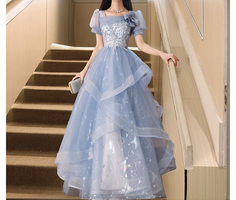 Mesh Print A-Line Embroidered Gown Neck Sleeve / Evening Puff Floral Square Butterfly Dress Cocktail