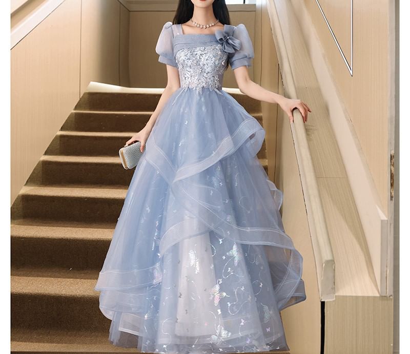 Mesh Print A-Line Embroidered Gown Neck Sleeve / Evening Puff Floral Square Butterfly Dress Cocktail