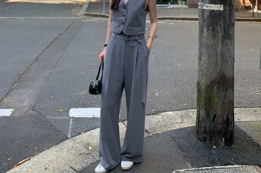 V-Neck Plain Crop Button Vest / Mid Waist Wide Leg Suit Pants