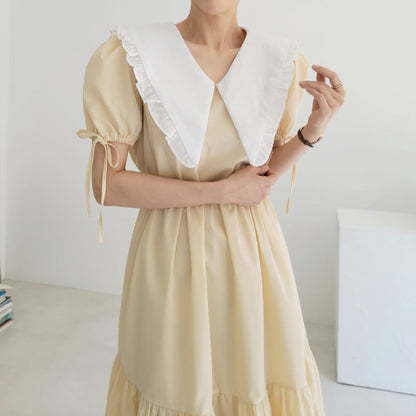 Short-Sleeve Contrast Collar Frill Trim Midi A-Line Dress