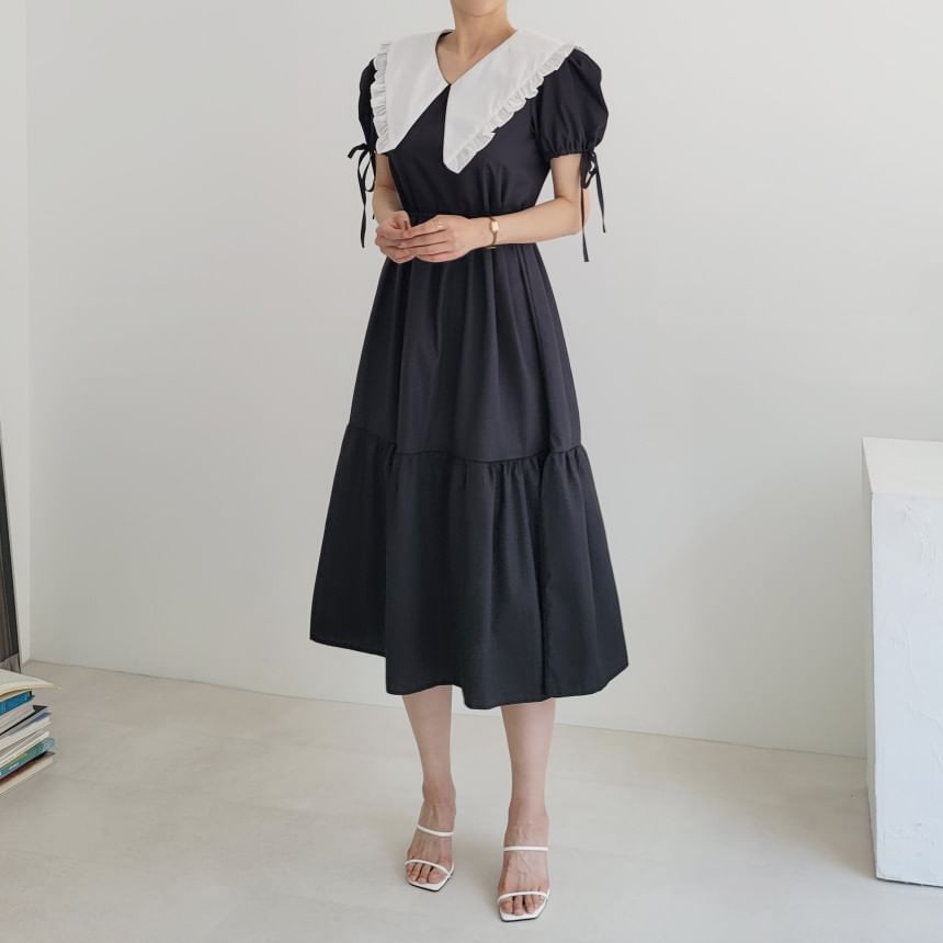 Short-Sleeve Contrast Collar Frill Trim Midi A-Line Dress