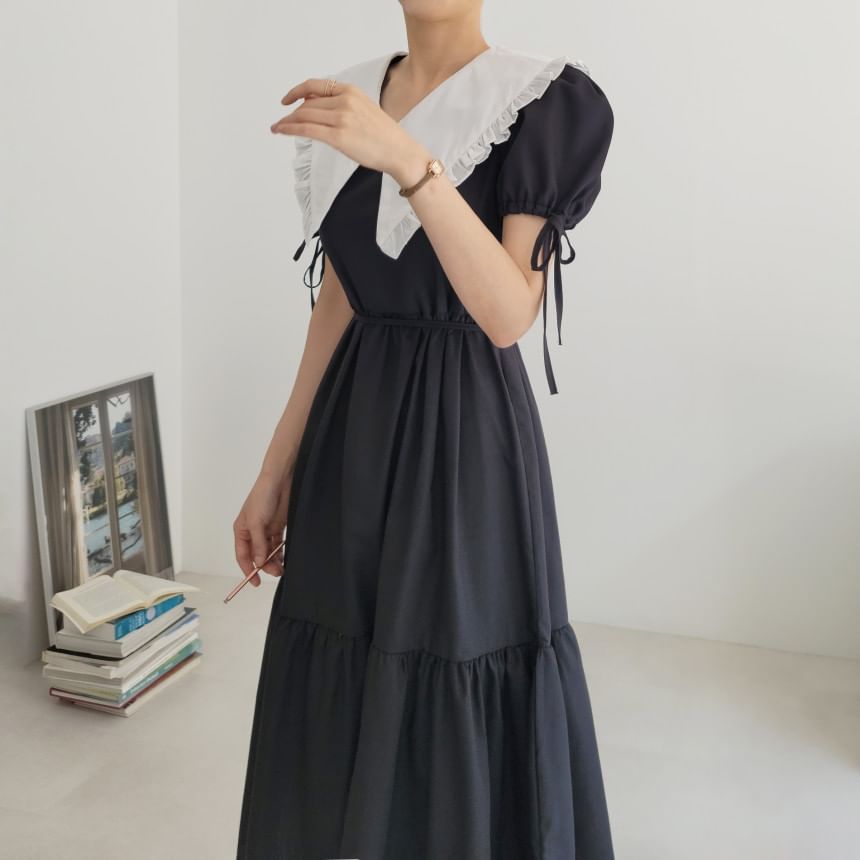 Short-Sleeve Contrast Collar Frill Trim Midi A-Line Dress