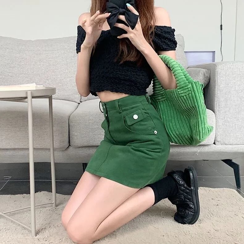 Waist Denim High A-Line Plain Skirt Mini