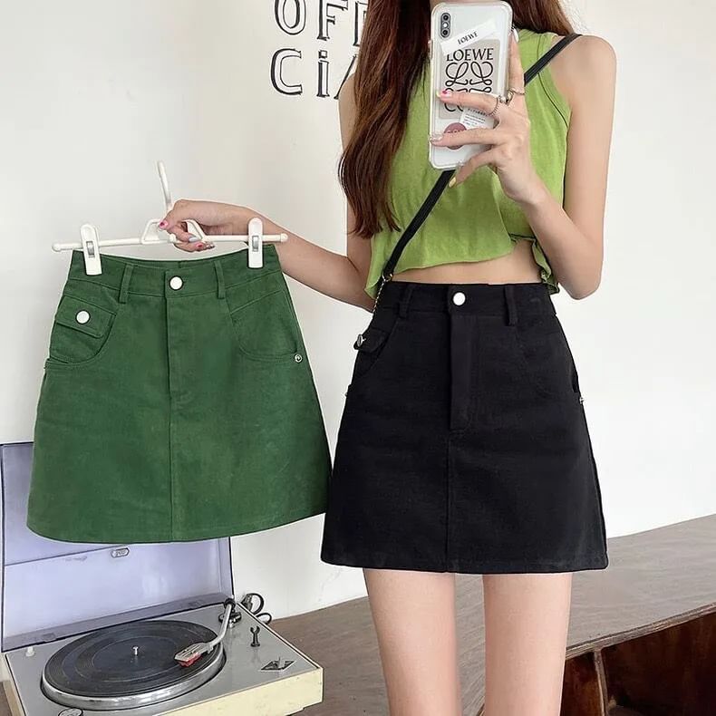 Waist Denim High A-Line Plain Skirt Mini