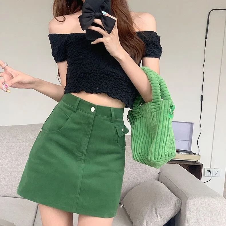 Waist Denim High A-Line Plain Skirt Mini