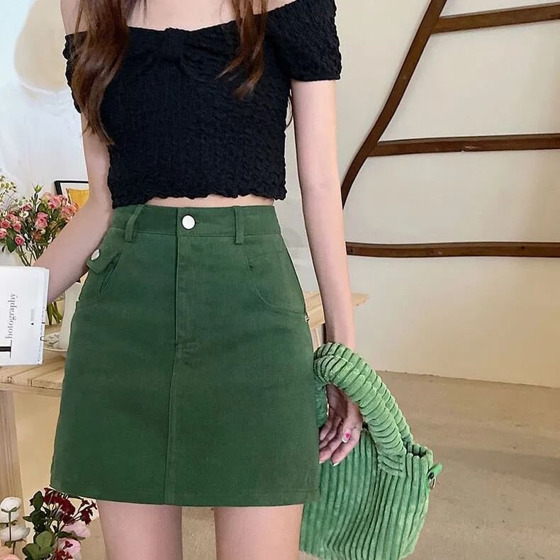 Waist Denim High A-Line Plain Skirt Mini