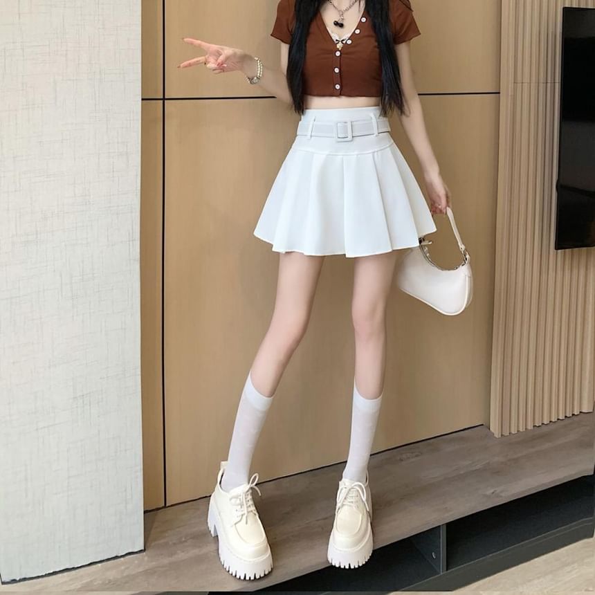 Undershorts Set Waist Skirt Plain Pleated Belt / A-line High Mini