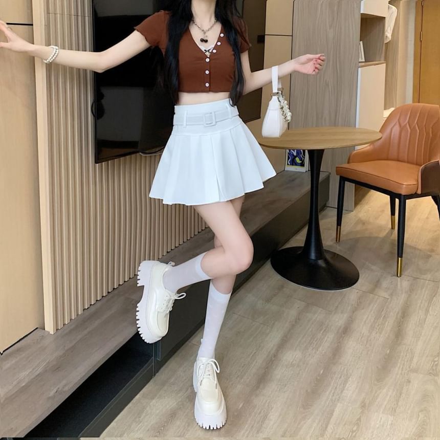 Undershorts Set Waist Skirt Plain Pleated Belt / A-line High Mini
