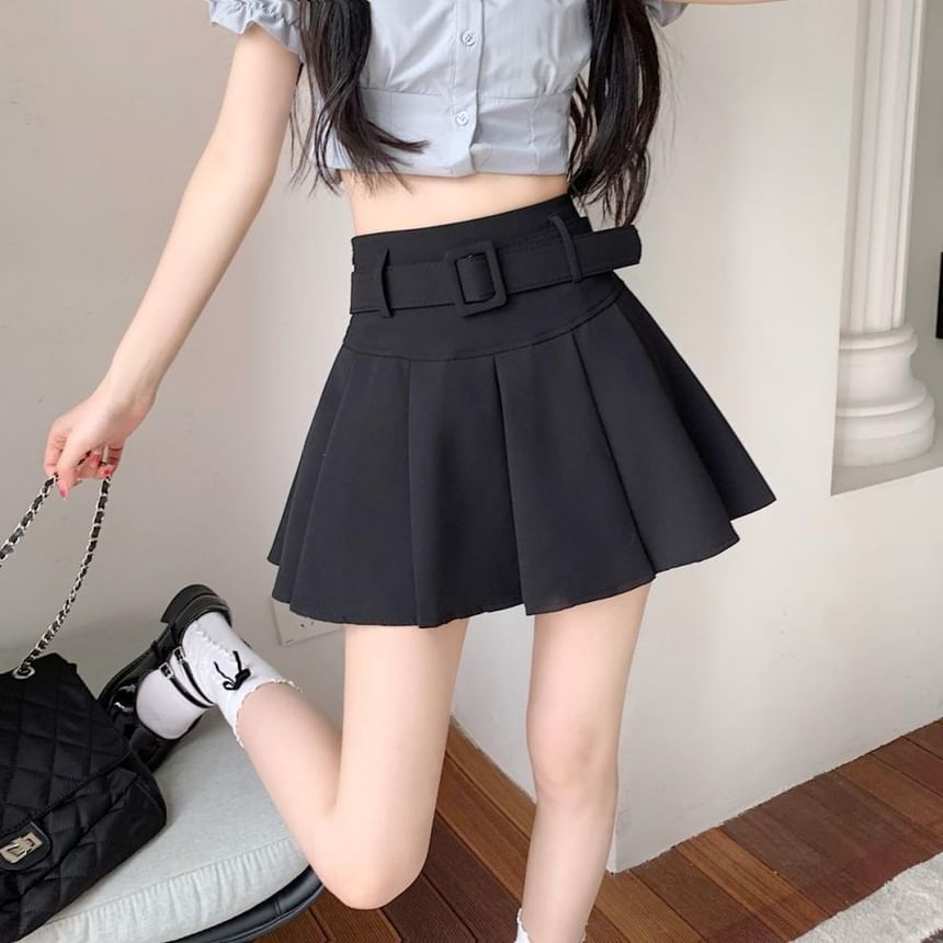 Undershorts Set Waist Skirt Plain Pleated Belt / A-line High Mini