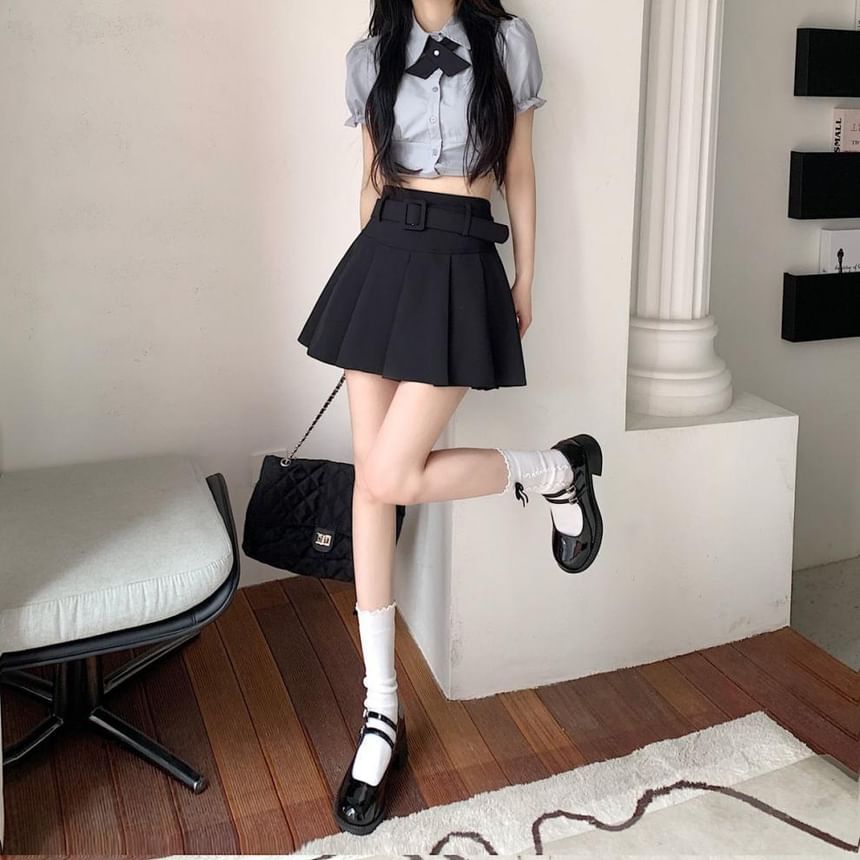 Undershorts Set Waist Skirt Plain Pleated Belt / A-line High Mini