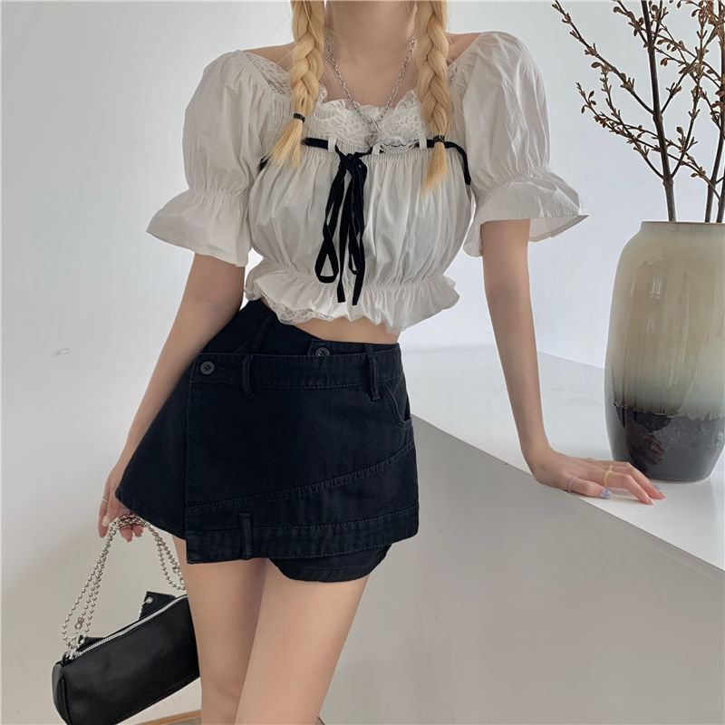 High Waist Asymmetrical Skort Denim